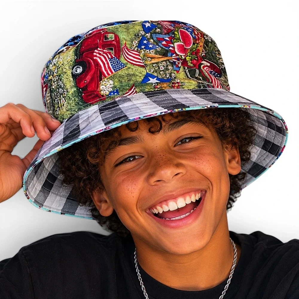 Handmade‎ Kids Reversible Bucket Hat Americana Flamingo 20in Diameter